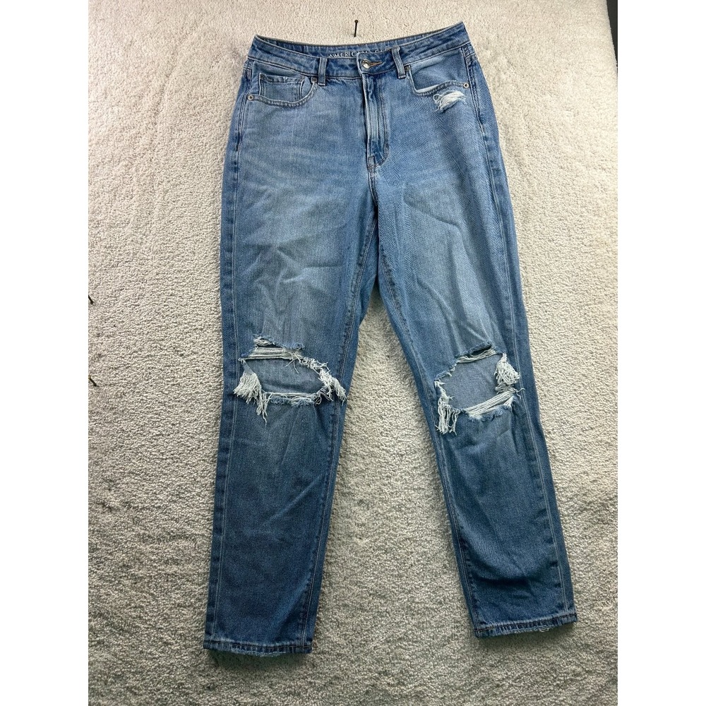 American Eagle Women's Mom Jeans Size 6 Blue Distressed Stretch